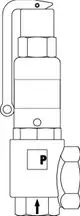 Sicherheitsventil mit Handgriff, aufrecht stehend, mit Anschluss und Pfeilen zur Flussrichtung. Produkt von IMI Hydronic Engineering.
